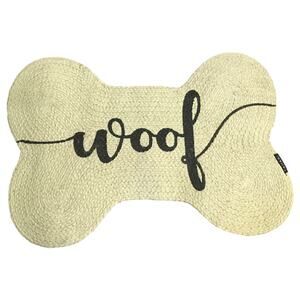 Tahari Bone Shape Dog Mat "Woof" Beige Black Braided Pattern Pet Placemat 22X15
